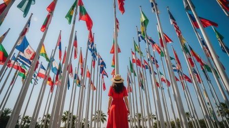A woman in a red dress stands amidst a sea of flags representing various nations, creating a vibrant and colorful scene under a clear blue sky.の素材