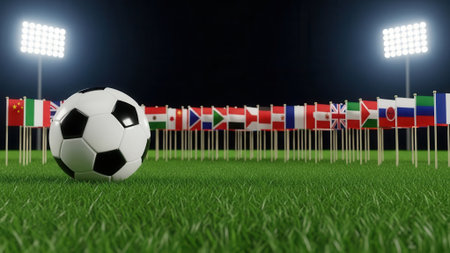 A soccer ball on a green field with flags of different countries and stadium lights in the background.の素材