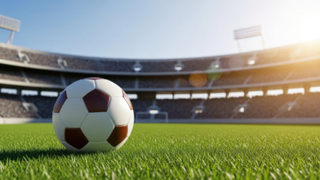 A soccer ball sits on a green field in front of a large stadium, bathed in sunlight, creating a vibrant scene.の素材