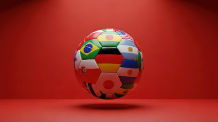 A soccer ball featuring flags of various nations, suspended against a vibrant red backdrop, showcasing global unity and sportsmanship.の素材