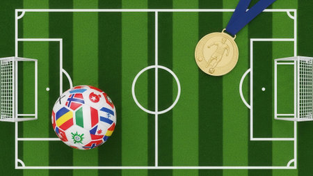 A top-down view of a soccer field with a ball decorated with flags and a gold medal, representing victory and international competition.の素材