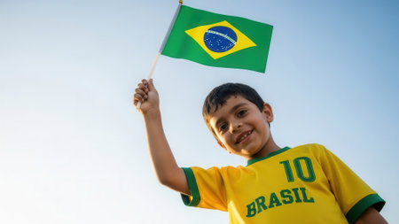 A young boy wearing a yellow Brazil jersey waves the Brazilian flag against a bright blue sky, celebrating his country.の素材