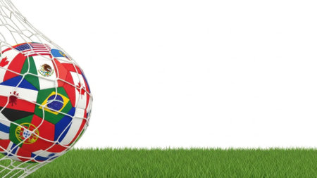 A soccer ball covered in various national flags is caught in a white net, resting on a vibrant green grass field.の素材