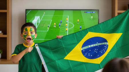 A young boy with face paint holds a Brazilian flag while watching a soccer game on TV.の素材