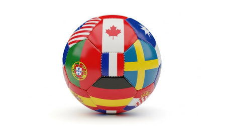A soccer ball featuring the flags of various nations, symbolizing international sports and global competition.の素材