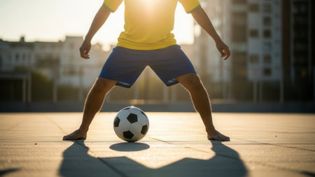 A soccer player stands with his legs apart, the ball in front of him, and the sun shining behind him.の素材