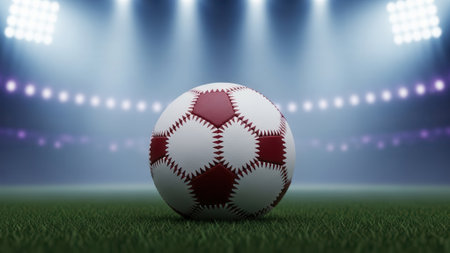 A close-up shot of a soccer ball resting on a green field in a stadium, illuminated by bright lights.の素材