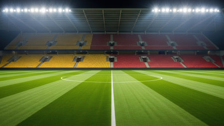 A wide shot of a soccer stadium at night. The field is green with white lines, and the stands are empty. Bright lights illuminate the scene.の素材