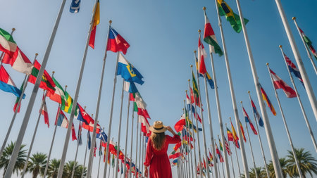 A woman in a red dress stands amidst a vibrant display of flags, representing various nations, under a clear blue sky. The scene evokes a sense of global unity and travel.の素材