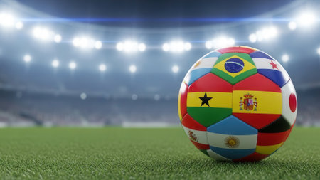 A soccer ball with flags of different countries on a green field, in a stadium with lights.の素材