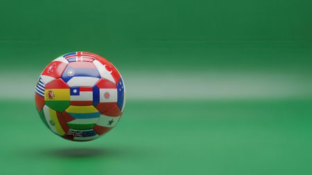 A soccer ball with flags of different countries floating in the air on a green background.の素材