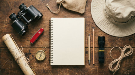 Overhead shot of travel essentials, including binoculars, a compass, a notebook, and a hat, arranged on a rustic wooden surface.の素材