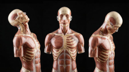 Detailed anatomical models showcasing the human body's muscles and skeletal framework, ideal for educational purposes.の素材