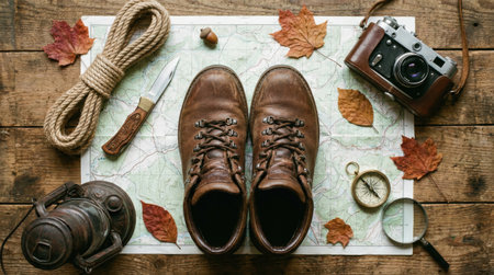 A top-down shot of adventure gear, including boots, a map, compass, camera, rope, and a knife, arranged on a wooden surface with autumn leaves.の素材