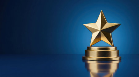 A close-up shot of a golden star trophy on a reflective surface against a gradient blue backdrop, symbolizing awards and recognition.の素材