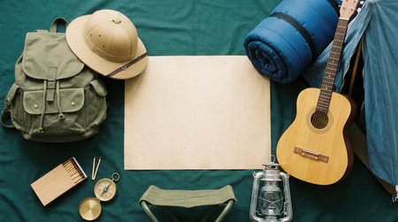 An overhead shot of camping gear including a backpack, hat, sleeping bag, guitar, and lantern, with a blank paper in the center.の素材