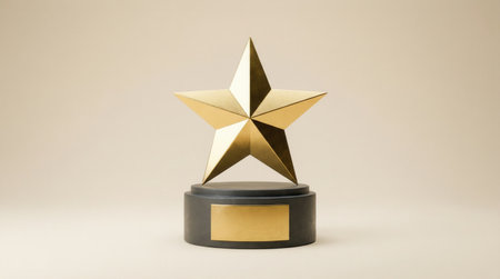 A close-up shot of a gold star award trophy on a black base, symbolizing success and achievement.の素材