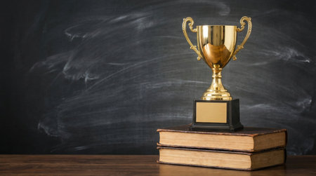 A gold trophy sits atop a stack of books, set against a dark chalkboard background, symbolizing achievement and knowledge.の素材