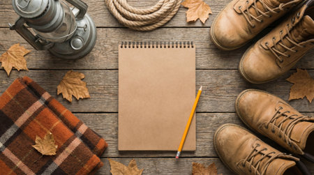 An overhead shot showcases a rustic scene with hiking boots, a blanket, a notebook, and a pencil arranged on a wooden surface, evoking a sense of outdoor adventure and autumn.の素材