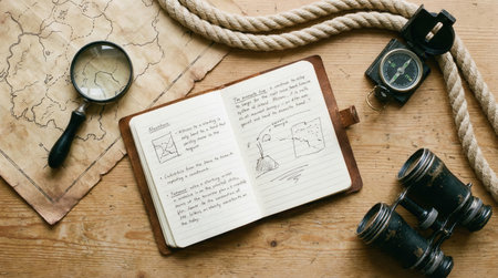A detailed shot of exploration tools including a map, compass, journal, binoculars, and rope on a wooden surface.の素材
