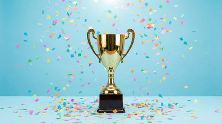A gold trophy stands on a white surface against a light blue backdrop, surrounded by colorful confetti, symbolizing success and victory.の素材