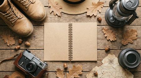 A top-down shot showcases a journal, camera, boots, and lantern arranged on a wooden surface, surrounded by autumn leaves.の素材