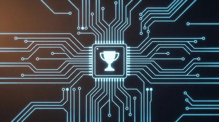 Intricate digital circuit board design featuring a central trophy icon, symbolizing technological success and achievement in the digital realm.の素材