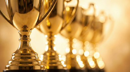 Close-up shot of multiple golden trophies, symbolizing achievement and success, arranged in a line, perfect for award ceremony themes.の素材