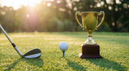 A golf club, ball, and trophy sit on a green field, bathed in sunlight, symbolizing victory and the sport of golf.の素材