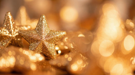 Close-up of golden star ornaments with bokeh effect, perfect for Christmas or New Year celebrations, creating a warm and festive atmosphere.の素材