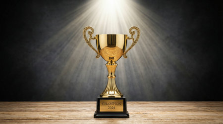 A shiny golden trophy stands on a wooden surface, illuminated by a spotlight against a dark background.の素材