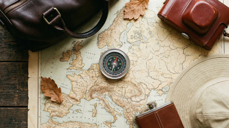 Overhead shot of travel accessories, including a compass, camera, and hat, arranged on a vintage map, evoking a sense of exploration and adventure.の素材