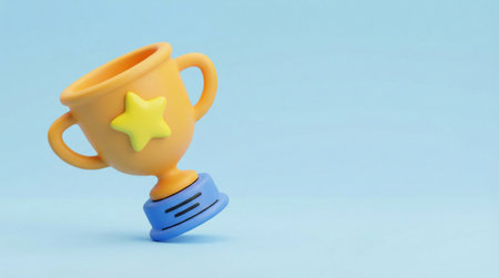 3D rendered golden trophy with a star on a blue background, representing success and achievement.の素材