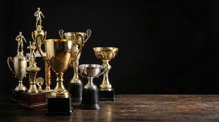 A collection of golden trophies displayed on a wooden surface against a dark background, symbolizing success and achievement.の素材