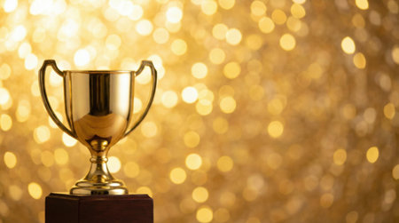 A shiny golden trophy on a black stand, set against a blurred background of golden bokeh lights.の素材