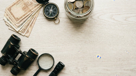 Overhead shot of travel and exploration tools, including cash, a compass, binoculars, a magnifying glass, and a jar of coins, arranged on a light wooden surface.の素材