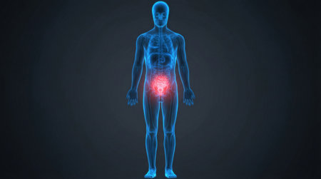 A detailed illustration of the human body, with a focus on the pelvic area, rendered in a striking blue and red color palette, highlighting internal structures.の素材