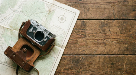A vintage camera with a leather case rests on a map, placed on a rustic wooden surface, perfect for travel and photography.の素材