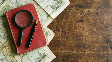 An overhead shot of a vintage book with a magnifying glass and a pen on top of it, surrounded by old maps, all placed on a wooden surface.の素材
