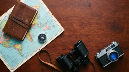 A top-down shot of travel essentials, including a map, camera, compass, and journal, arranged on a wooden table, perfect for planning adventures.の素材