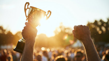 A person holding a trophy up in the air, with the sun shining behind them. The image captures a moment of triumph and celebration.の素材
