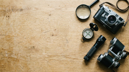 Overhead shot of various vintage travel equipment, including a camera, binoculars, and compass, arranged on a wooden surface, perfect for exploration and adventure themes.の素材