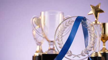 A collection of trophies, medals, and awards are arranged on a surface, with a soft purple background.の素材
