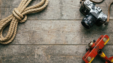 Close-up of a vintage camera, rope, and toy airplane on a wooden surface, travel and adventure concept.の素材