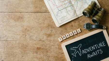 Overhead shot of a wooden table with travel-related items, including a map, binoculars, and a chalkboard with the words Adventure Awaits.の素材