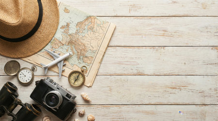 Overhead shot of travel accessories, including a camera, map, compass, and hat, arranged on a wooden surface.の素材
