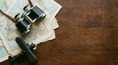 A close-up shot of vintage binoculars and a small model airplane resting on a wooden table next to old maps, evoking a sense of travel and exploration.の素材