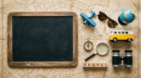 Overhead shot of travel-related items including a chalkboard, toy airplane, sunglasses, globe, toy bus, compass, magnifying glass, binoculars, and blocks spelling TRAVEL.の素材