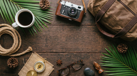 Overhead shot of travel accessories including camera, coffee, and compass on a wooden table.の素材
