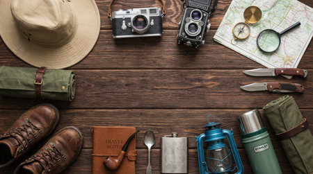 Overhead shot of travel essentials, including a hat, cameras, map, compass, knives, boots, journal, pipe, spoon, cup, lantern, and thermos.の素材